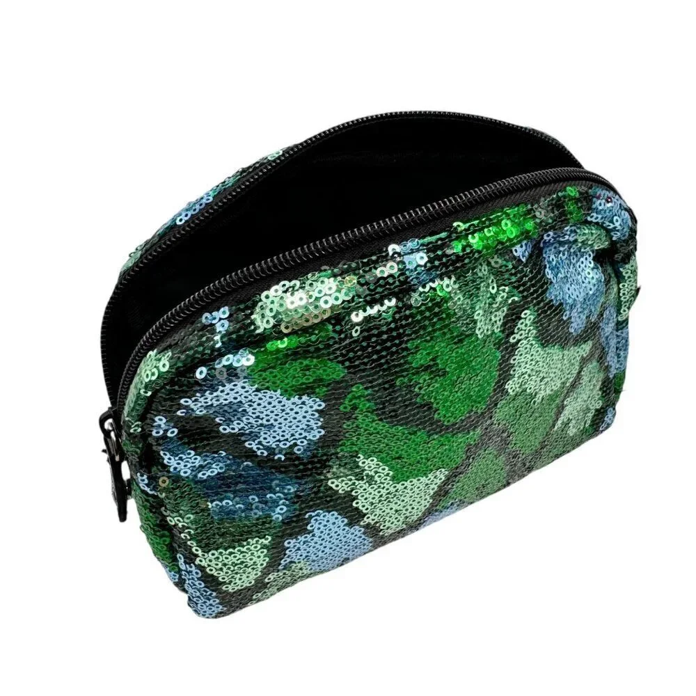 New Stephanie Johnson Makeup Cosmetic Bag Blue Green Sequin Zip Medium Size